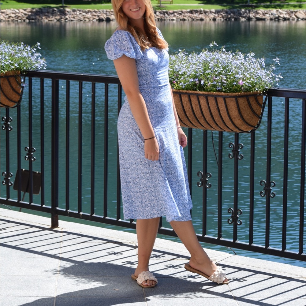 Tabitha Floral Puff Sleeve Light Blue Midi Dress - Size Small, Francesca’s -
